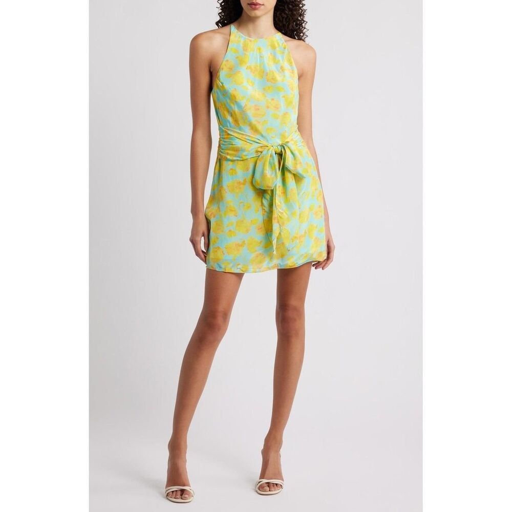 New Amanda Uprichard Selah Floral Print Halter Neck Tie Waist Mini Dress XL